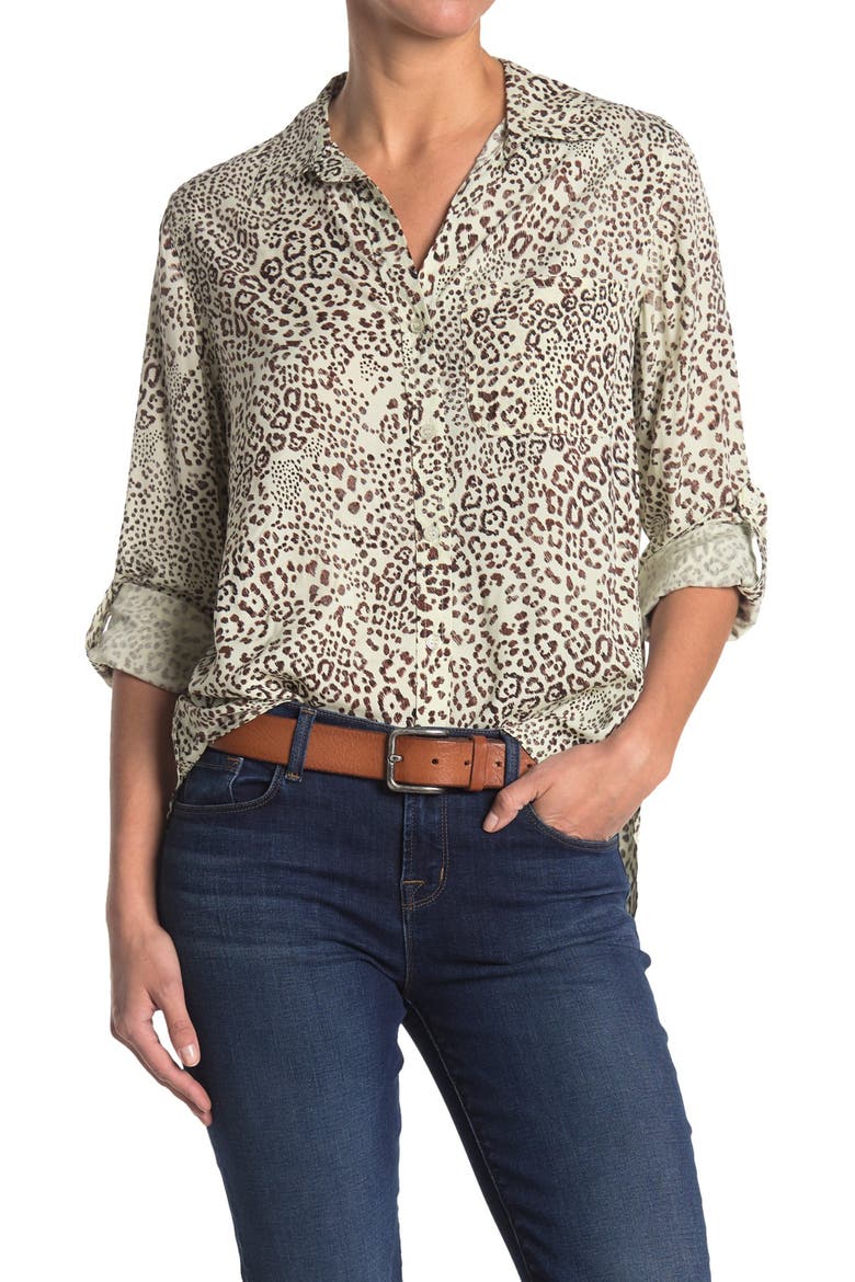 Elisa Button Front Animal Print Blouse, Main, color, IVORY BLACK CHEETAH