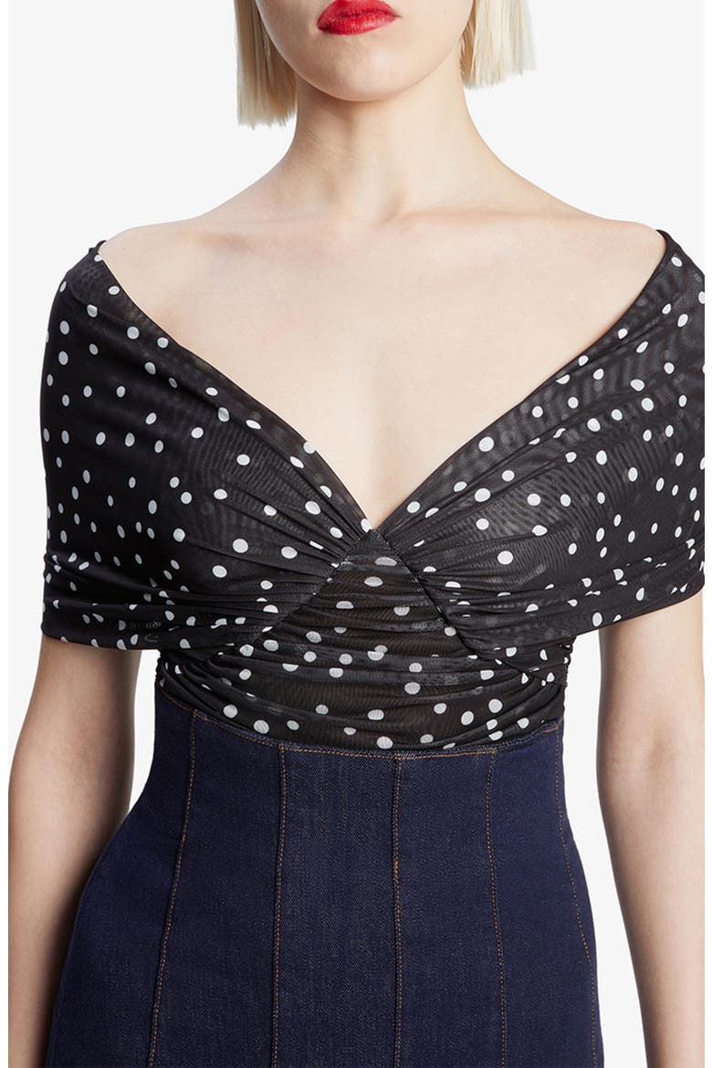 Vespera Polka Dot Off the Shoulder Mesh Bodysuit, Alternate, color, BLACK SPOT