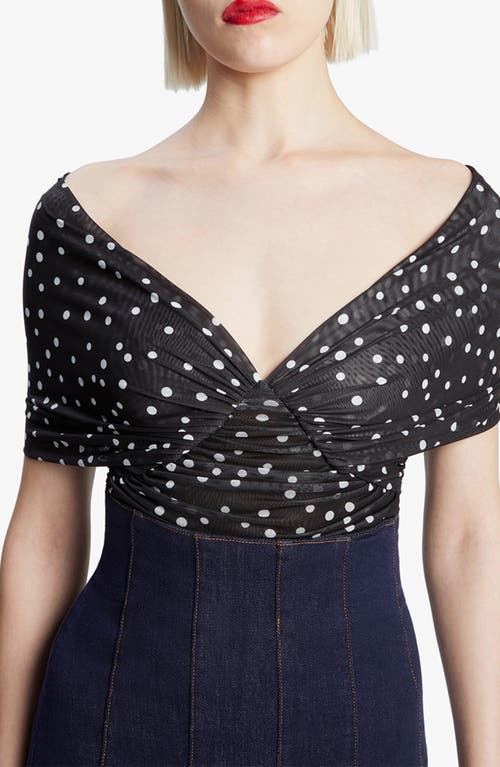 Bardot Vespera Polka Dot Off The Shoulder Mesh Bodysuit In Black Spot