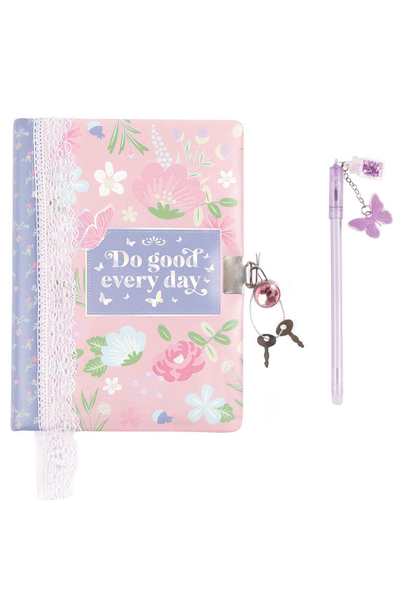 Cottagecore Floral Locking Journal & Pen With Butterfly Charm Pen, Alternate, color, Multicolored