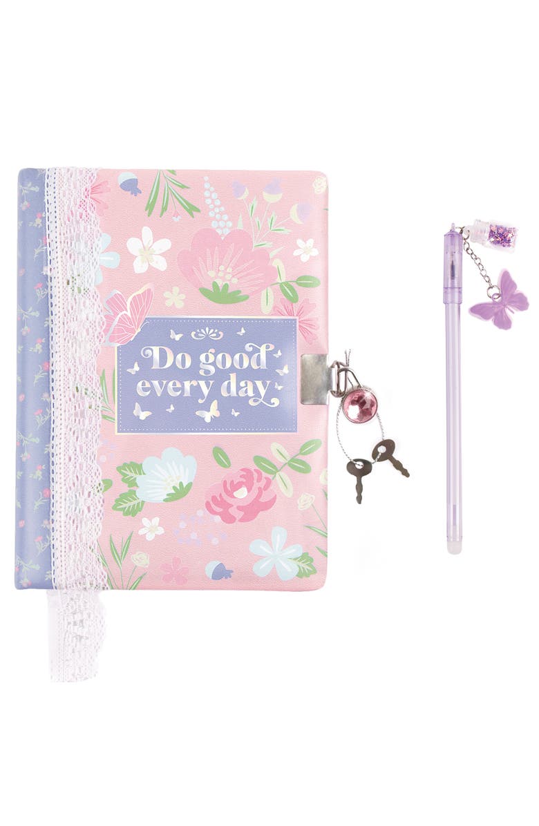 Three Cheers For Girls Cottagecore Floral Locking Journal & Pen With Butterfly Charm Pen, Alternate, color, Multicolored