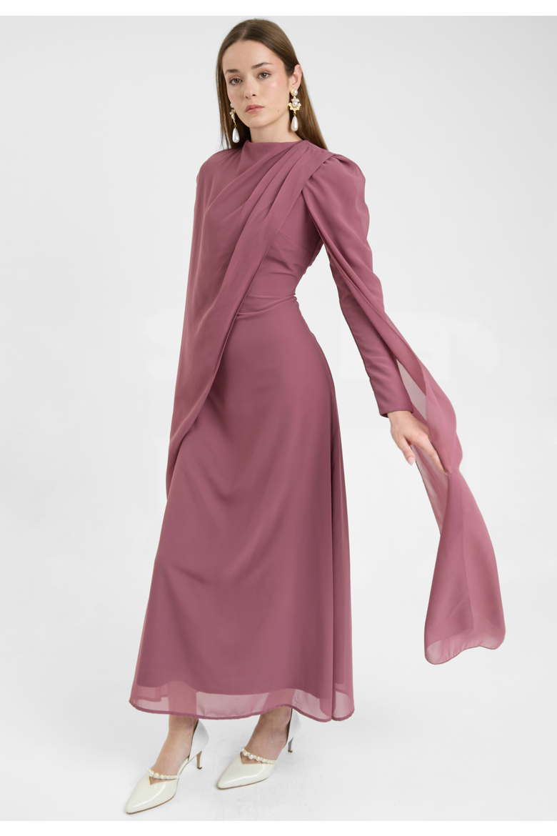 Modest Chiffon Dress Maxi With Elegant Cape Style, Alternate, color, MAUVE