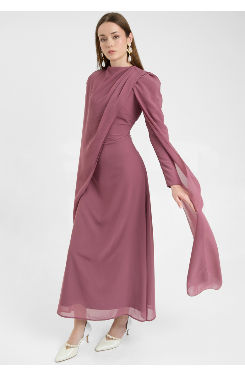 MARYISA Modest Chiffon Dress Maxi With Elegant Cape Style, Alternate, color, Mauve