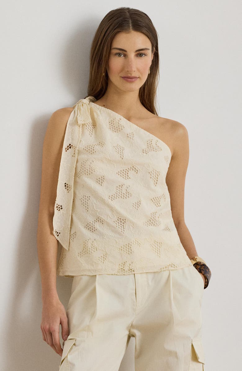 Lauren Ralph Lauren Floral Eyelet Embroidered One Shoulder Cotton Voile Top, Alternate, color, Mascarpone Cream