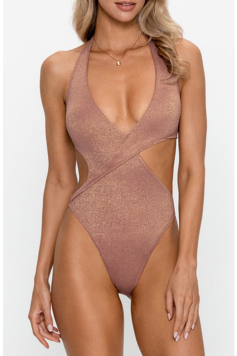 Shimmer Asymmetric Halter Monokini One-Piece Swimsuit, Main, color, Shimmer Mauve