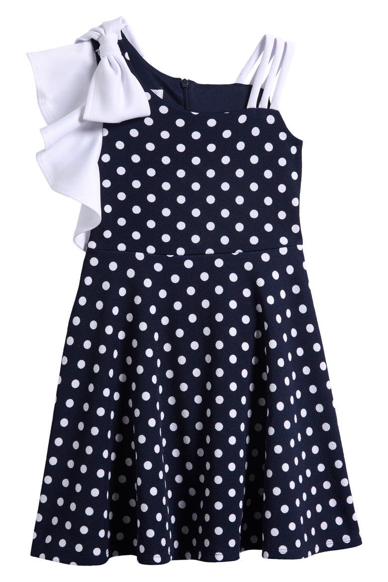 Kids' Polka Dot Bow Asymmetric Party Dress, Main, color, NAVY