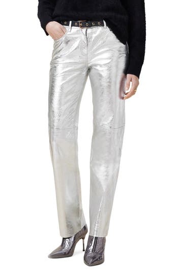 Allsaints Saige Straight Fit Foiled Leather Pants In Gunmetal