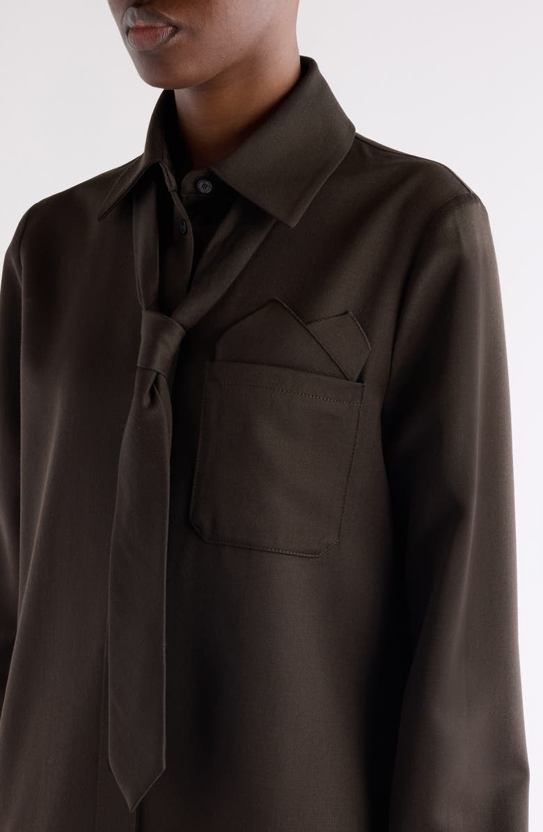 Acne Studios Som Tie Detail Wool Gabardine Button-Up Shirt, Alternate, color, Brown