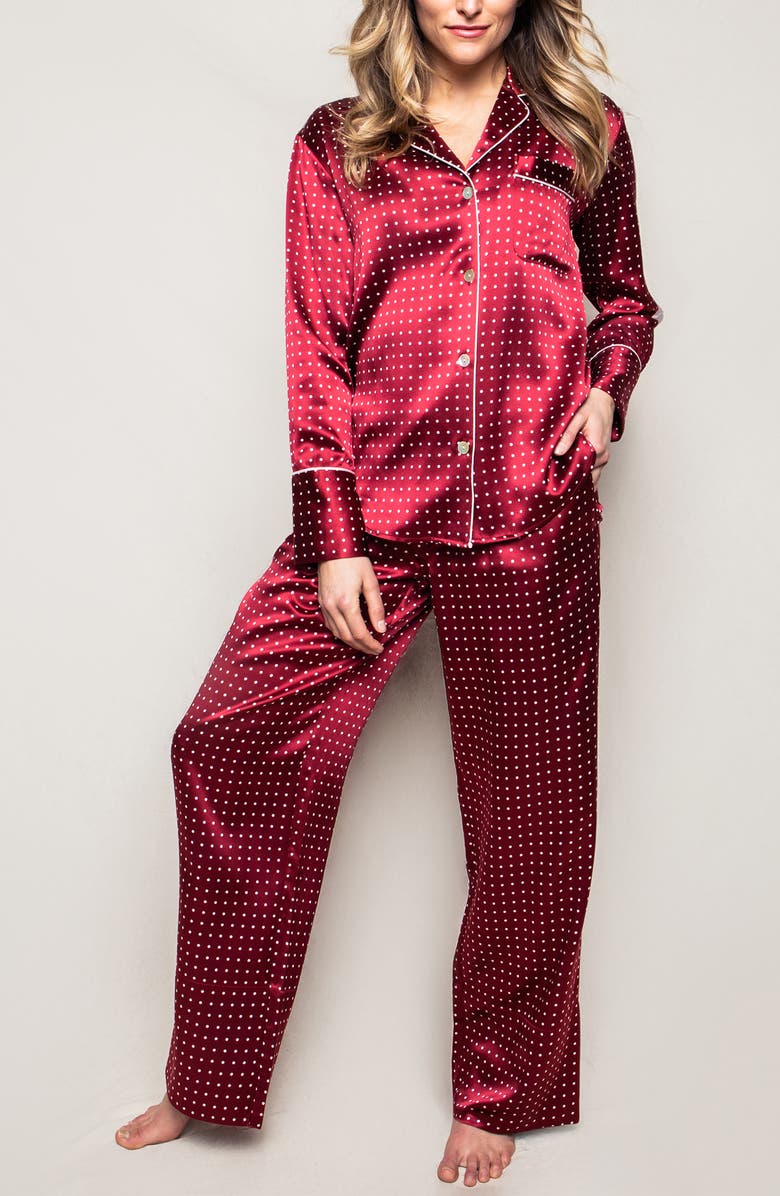 Petite Plume Print Mulberry Silk Pajamas, Main, color, Bordeaux