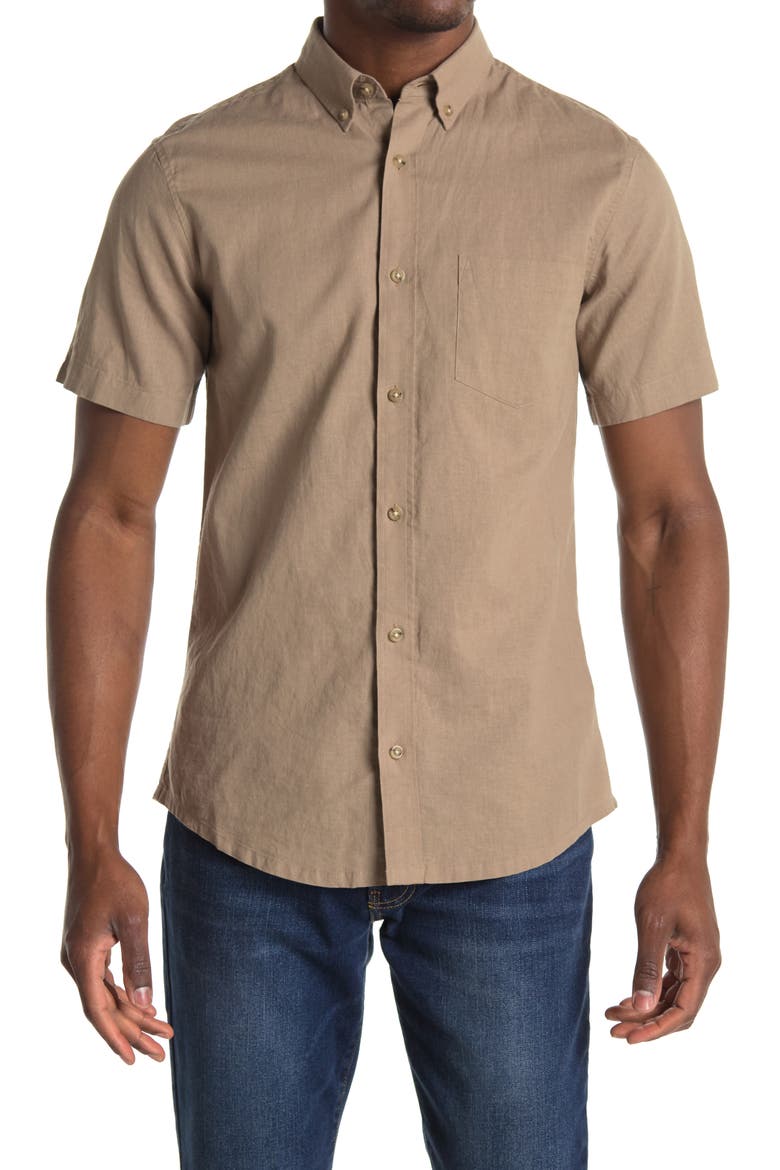 Short Sleeve Woven Trim Fit Linen Blend Shirt, Main, color, TAN DESERT