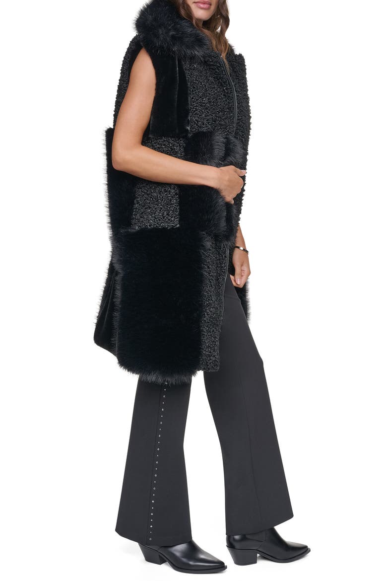 Patch Mix Faux Fur Long Vest, Alternate, color, BLACK