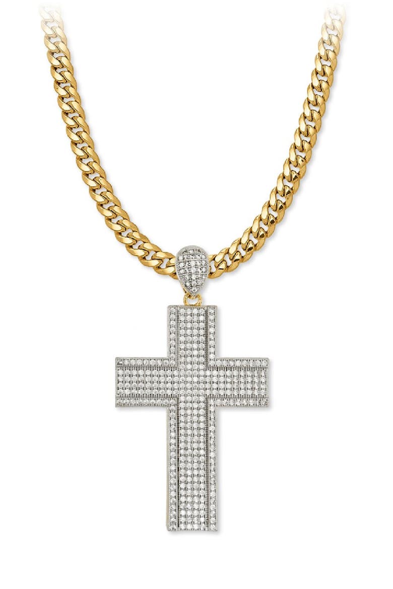 Men's Two-Tone Stainless Steel Pavé Cubic Zirconia Cross Pendant Necklace, Alternate, color, GOLD/ SILVER
