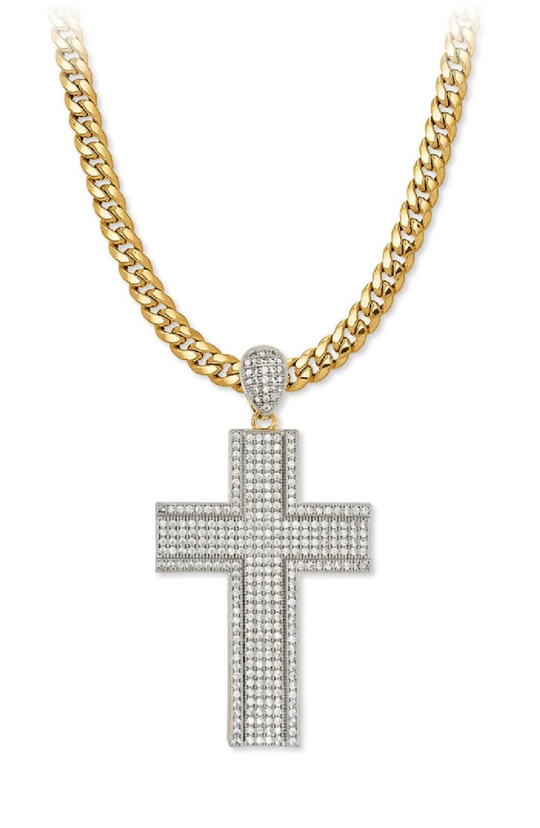 AMERICAN EXCHANGE Men's Two-Tone Stainless Steel Pavé Cubic Zirconia Cross Pendant Necklace, Alternate, color, Gold/ Silver