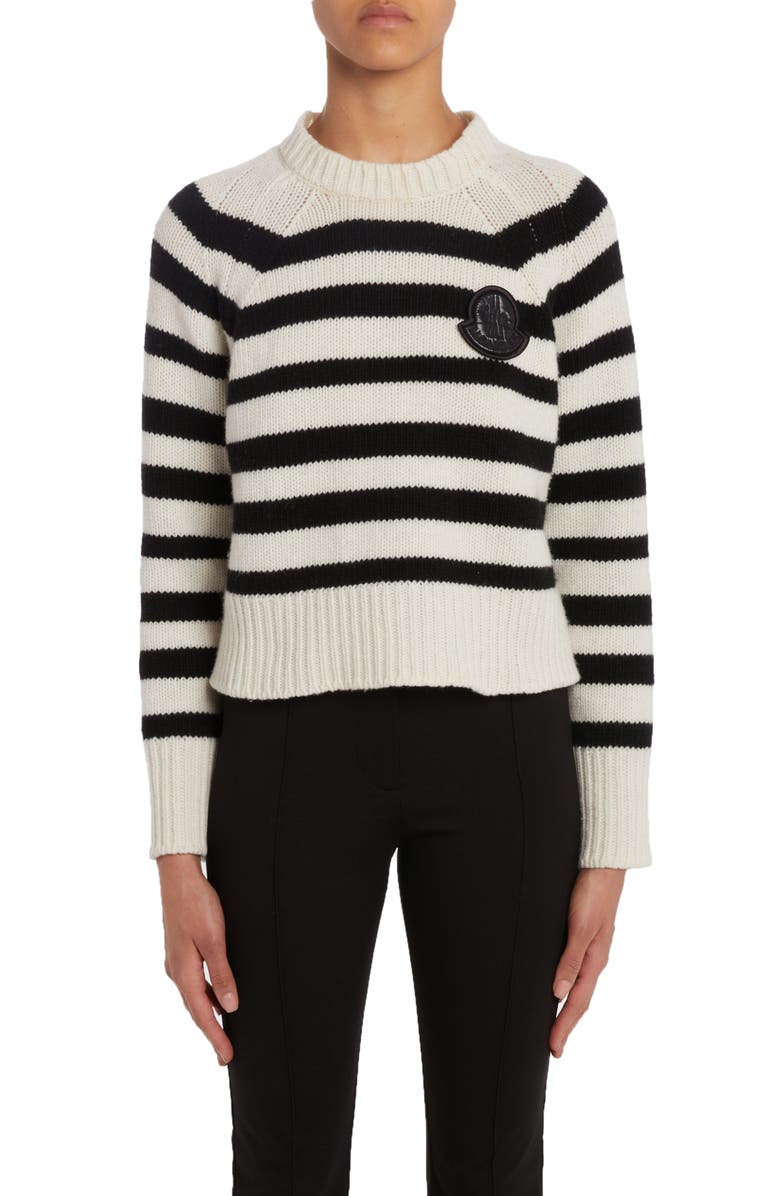 Moncler Stripe Logo Patch Wool Sweater, Main, color,