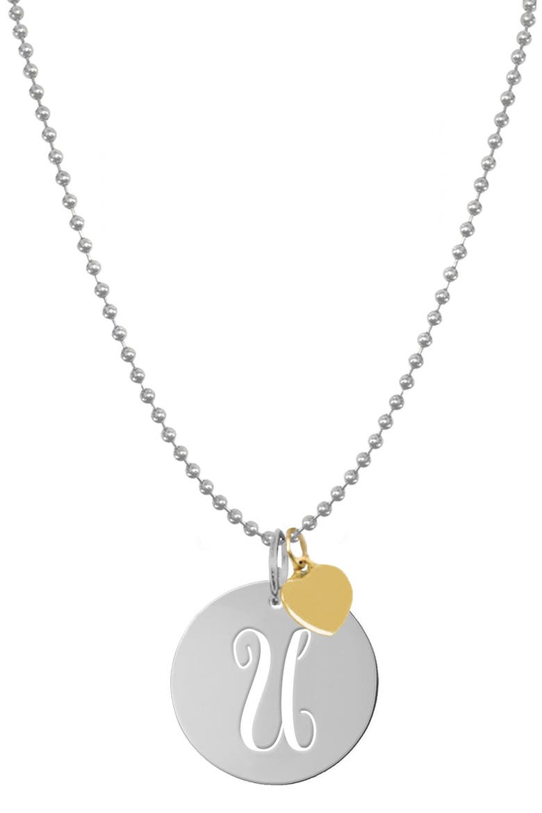 Personalized Script Initial Disc Pendant Necklace, Main, color, SILVER - U