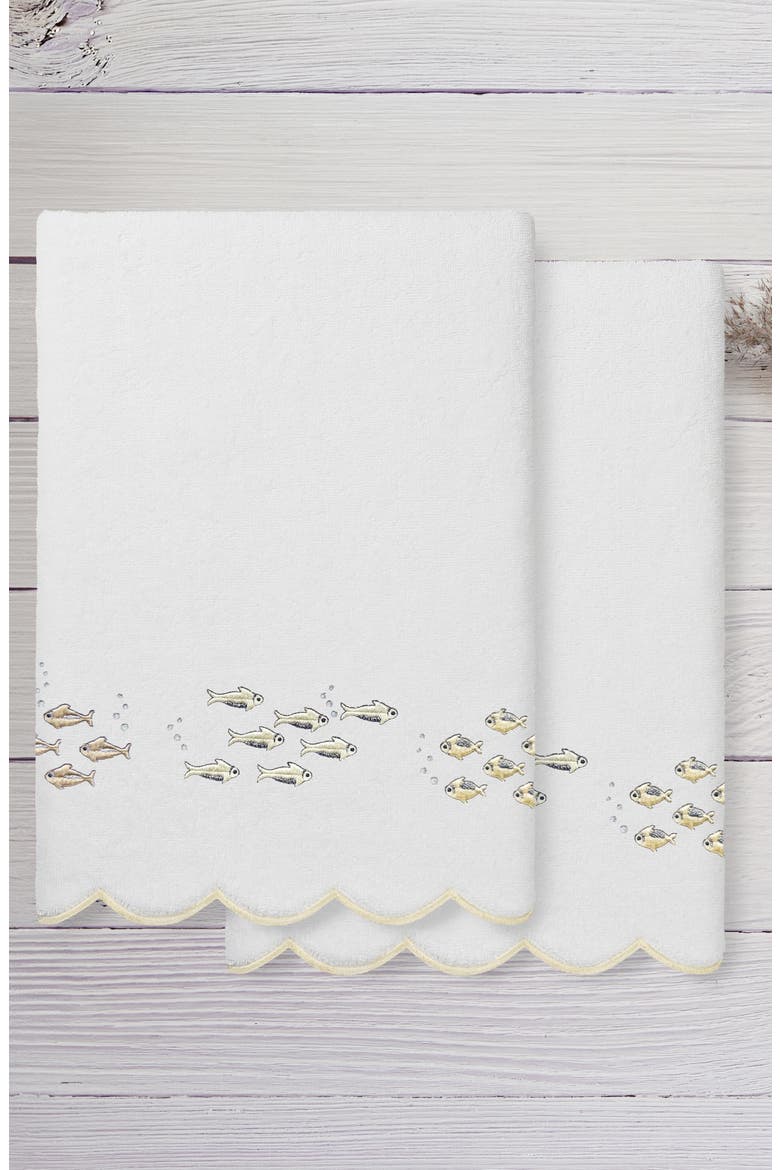 2-Piece Fish School Embroidered Turkish Cotton Bath Towel Set, Alternate, color, WHITE/ BEIGE