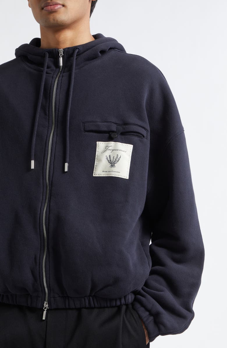 Jacquemus Le Hoodie Torneo Logo Patch Cotton Zip Hoodie, Alternate, color, Rosemary Label Dark Navy