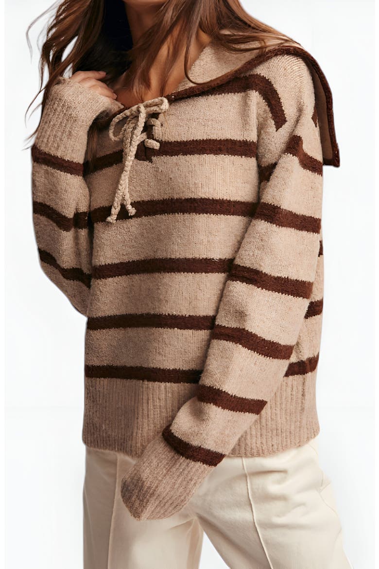 Striped Crewneck Sweater with Sailor Collar and Front Tie Detail, Alternate, color, Beige / Brown Stripes