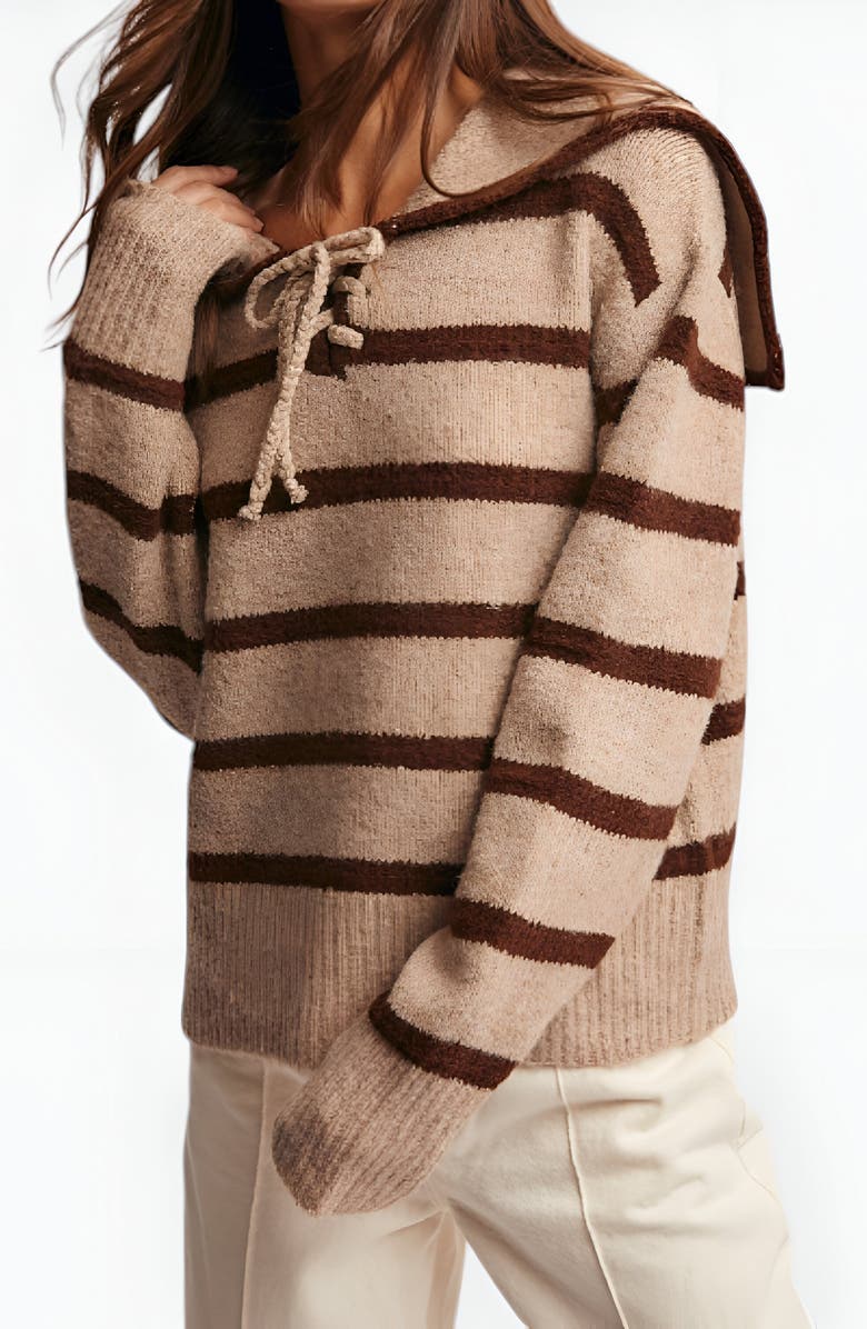 Modenaire Striped Crewneck Sweater with Sailor Collar and Front Tie Detail, Alternate, color, Beige / Brown Stripes