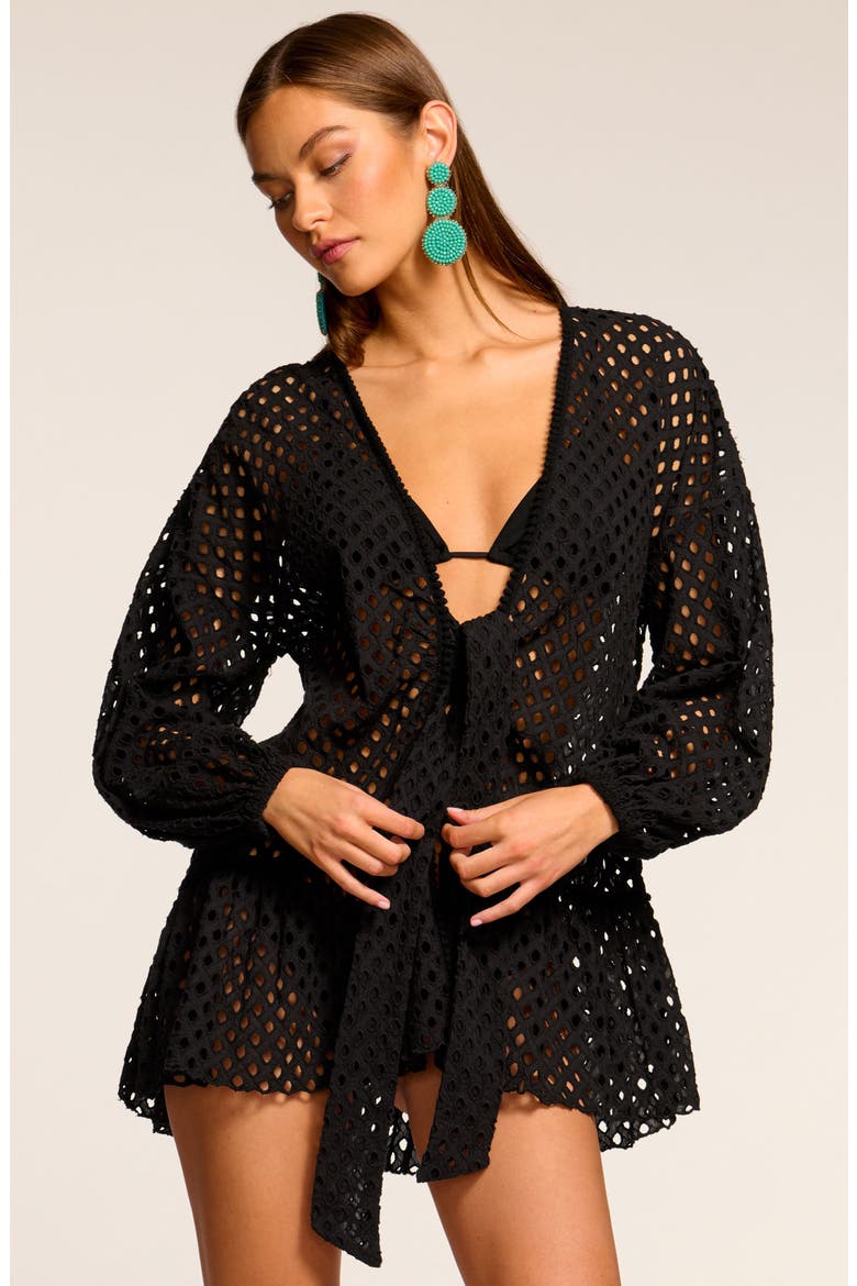 Caya Eyelet Tie Front Cover-Up Minidress, Alternate, color, BLACK