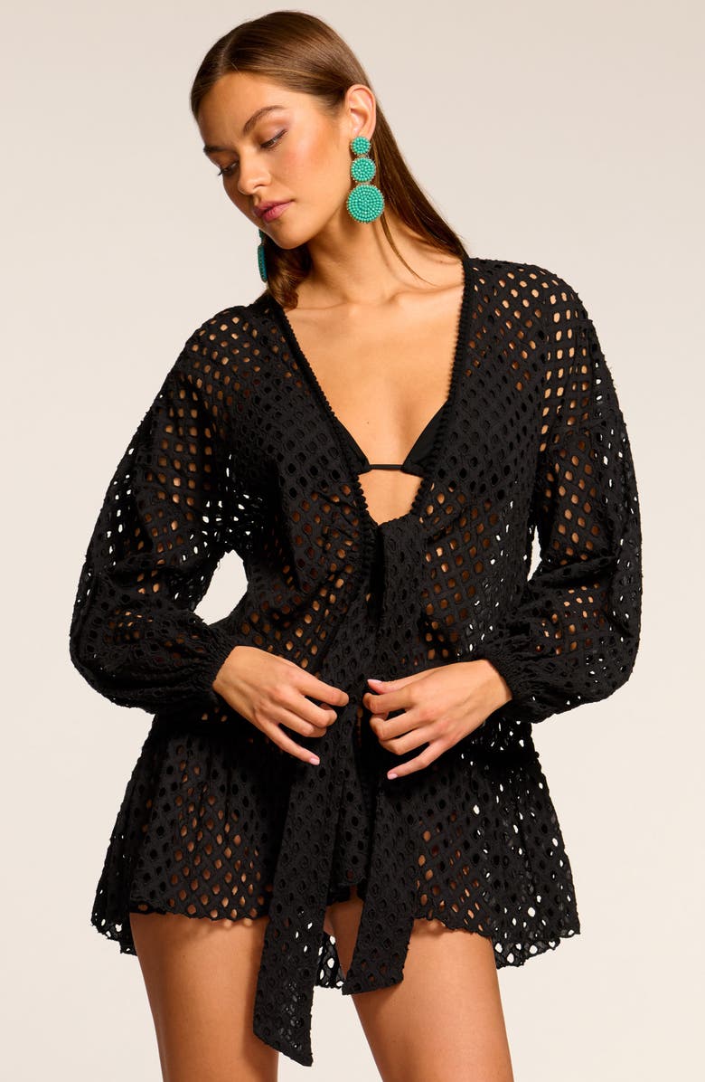 Ramy Brook Caya Eyelet Tie Front Cover-Up Minidress, Alternate, color, 