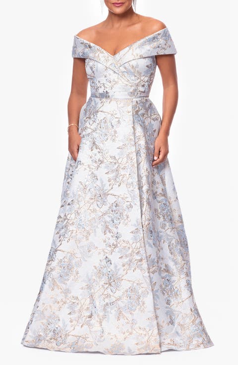 Metallic Floral Brocade Off the Shoulder Ball Gown