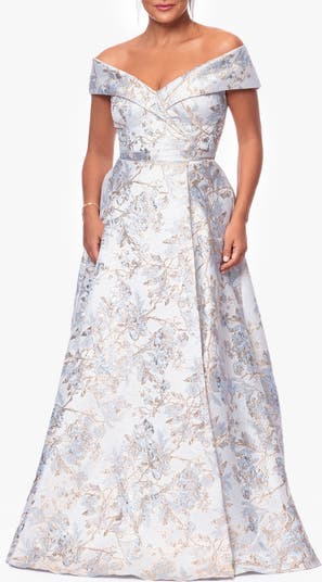 Metallic Floral Brocade Off the Shoulder Ball Gown