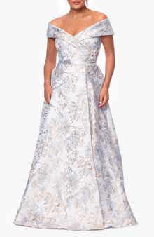 Xscape Evenings Metallic Floral Brocade Off the Shoulder Ball Gown