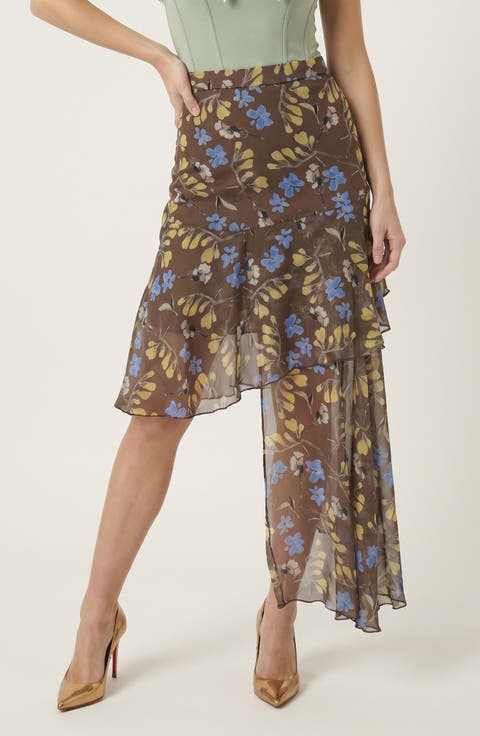 Asymmetric Floral Midi Skirt