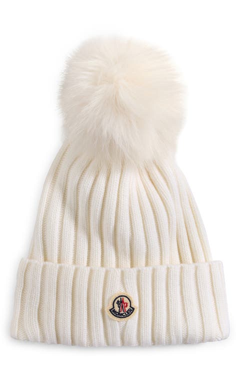 Virgin Wool Rib Beanie with Faux Fur Pompom