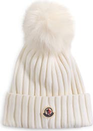 Moncler Virgin Wool Rib Beanie with Faux Fur Pompom