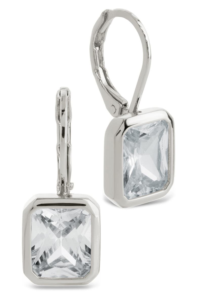 Everleigh Emerald-Cut Cubic Zirconia Lever Back Earrings, Main, color, SILVER