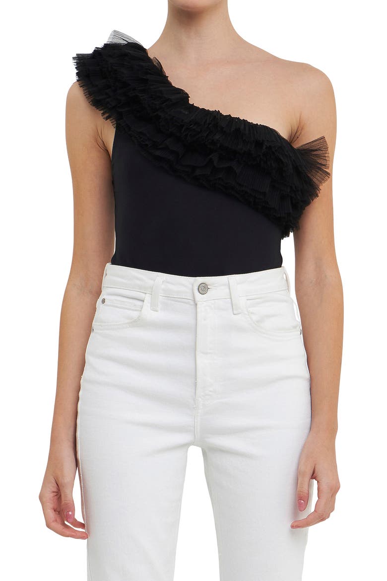 Tulle Ruffle One-Shoulder Bodysuit, Alternate, color, BLACK