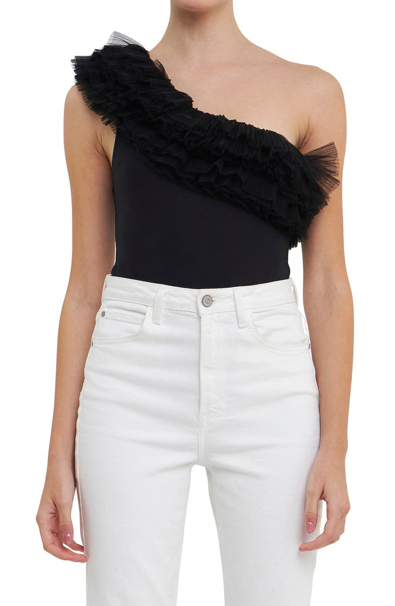 Endless Rose Tulle Ruffle One-Shoulder Bodysuit, Alternate, color, Black