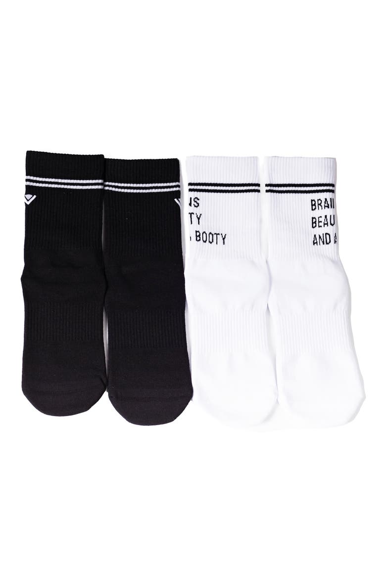 Brains Beauty and a Booty Assorted 2-Pack Grip Crew Socks, Alternate, color, WHITE - BLACK