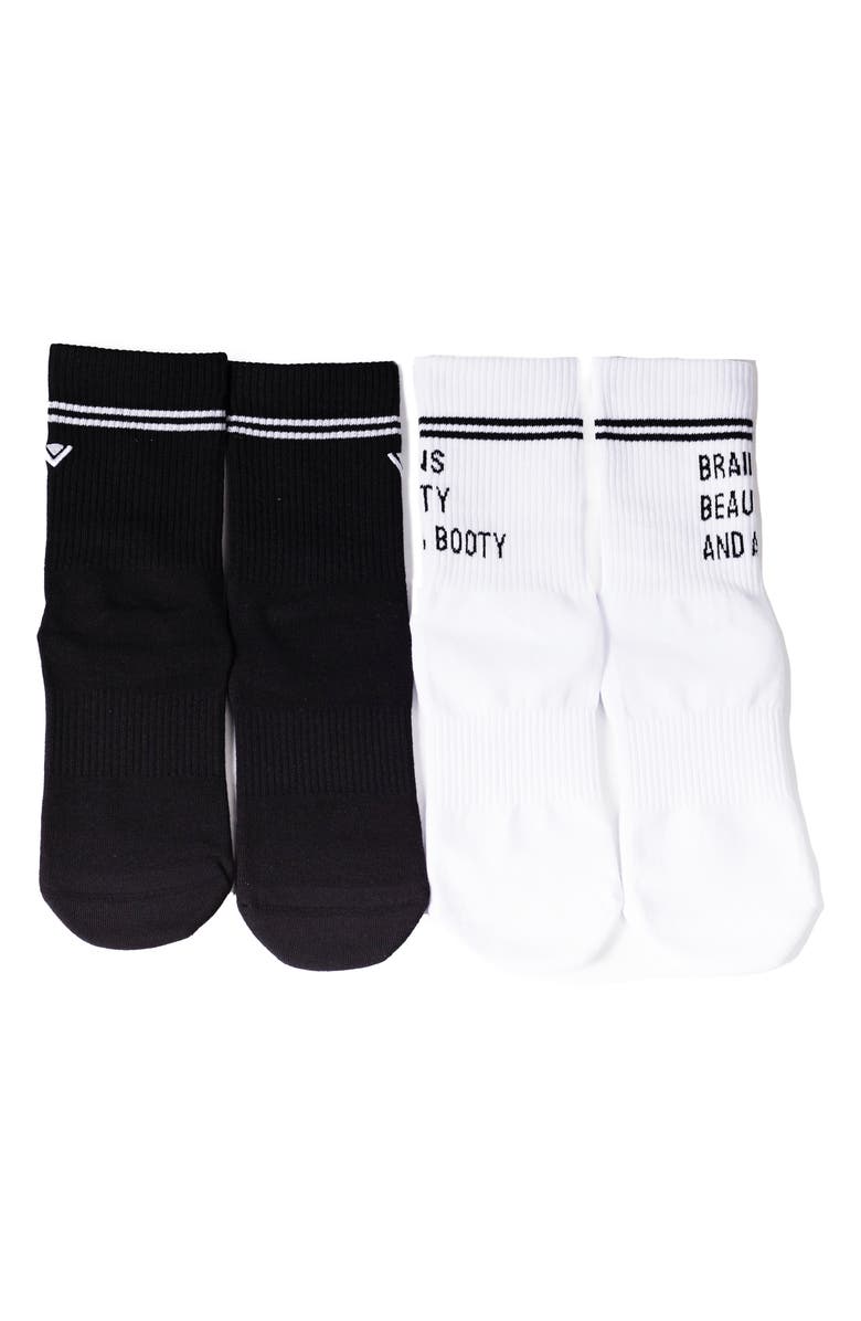 Arebesk Brains Beauty and a Booty Assorted 2-Pack Grip Crew Socks, Alternate, color, White - Black