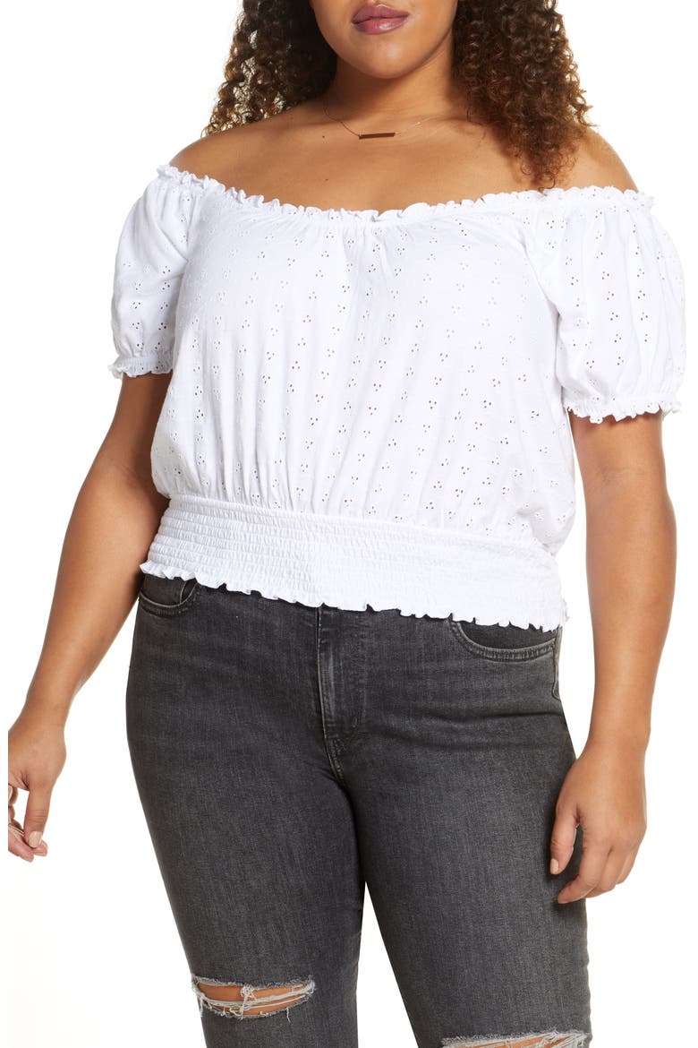 Off the Shoulder Eyelet Top, Main, color, WHITE