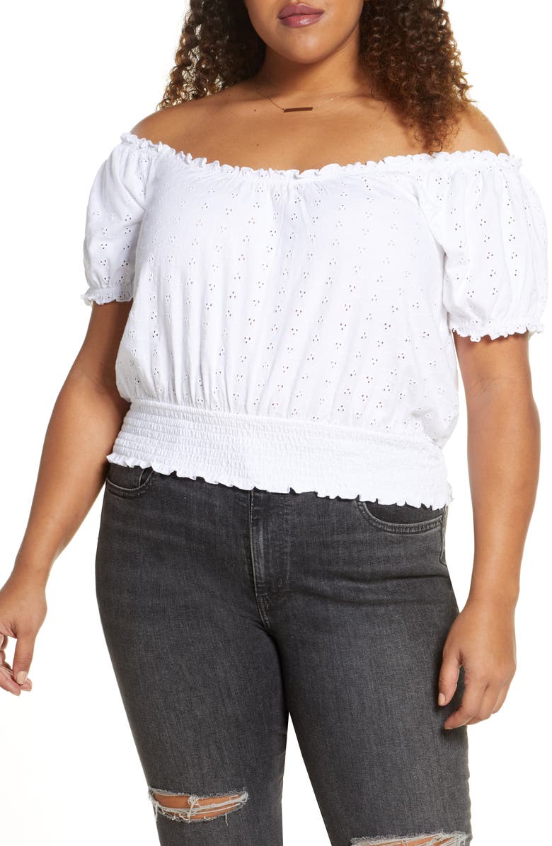 BP. Off the Shoulder Eyelet Top, Main, color,