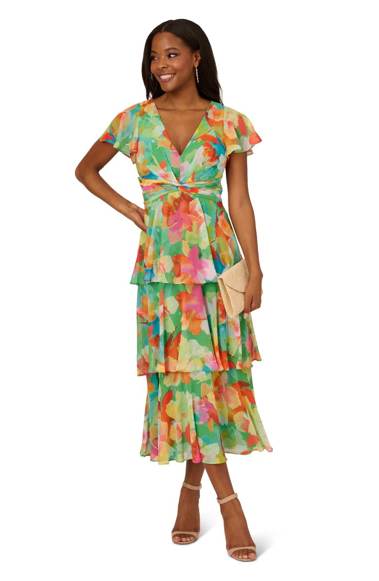 Adrianna Papell Floral Tiered Chiffon Midi Dress, Alternate, color,