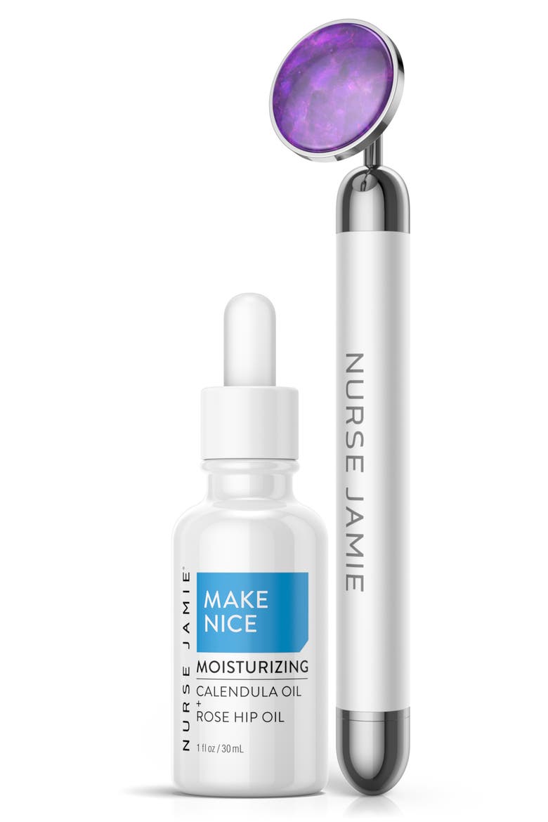 Good Vibrations Massaging Tool & Moisturizing Oil Set USD $170 Value, Main, color, PURPLE/ WHITE/ SILVER/ BLUE