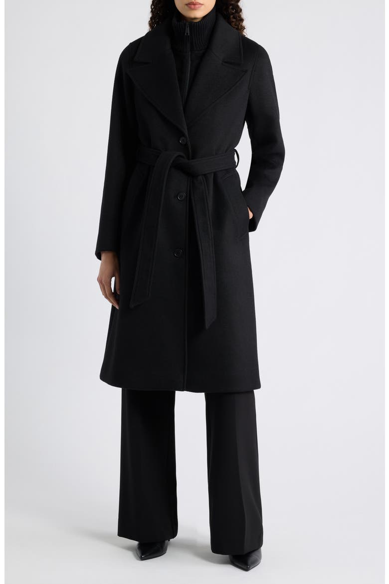 Belted Wool Blend Wrap Coat with Removable Bib, Main, color, BLACK