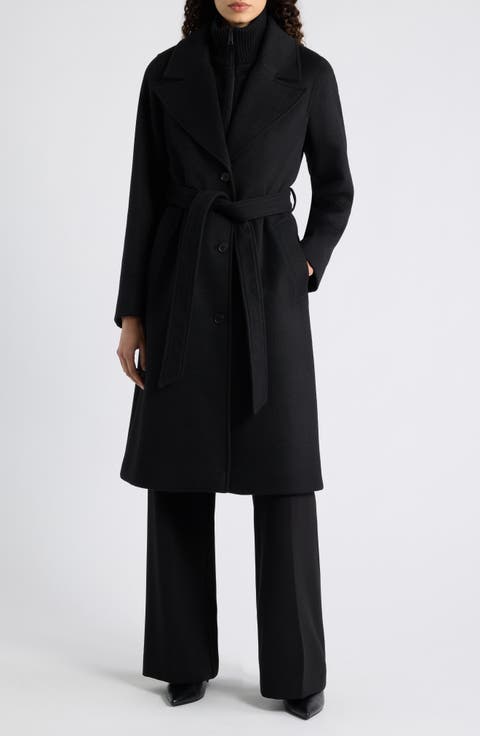 Belted Wool Blend Wrap Coat with Removable Bib