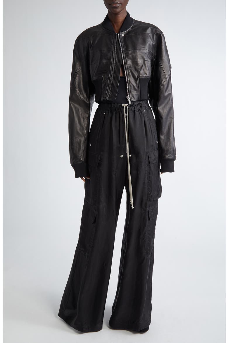 Girdered Leather Crop Bomber Jacket, Alternate, color, BLACK