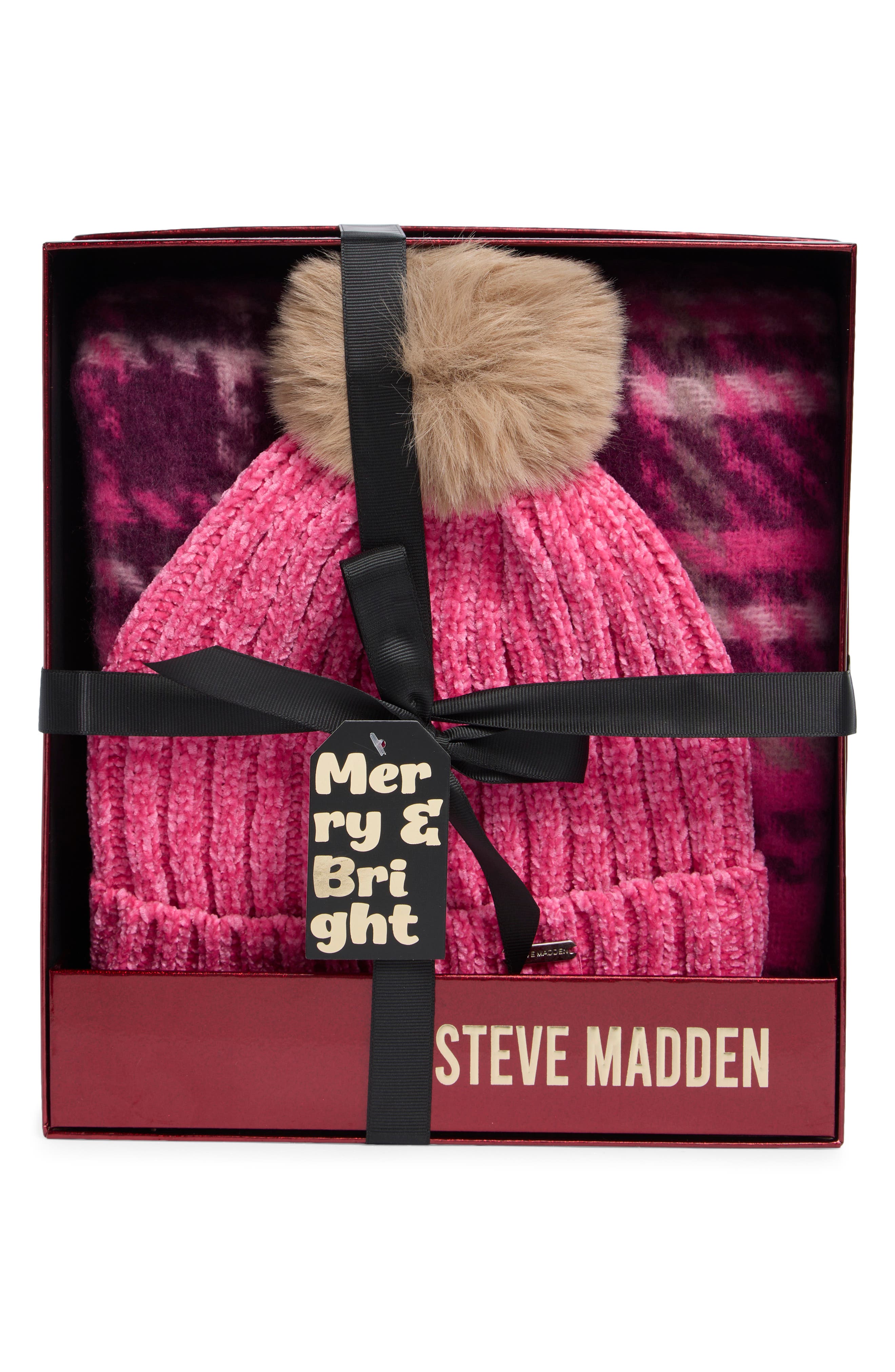 Chenille Ribbed Faux Fur Pompom Beanie & Scarf Set