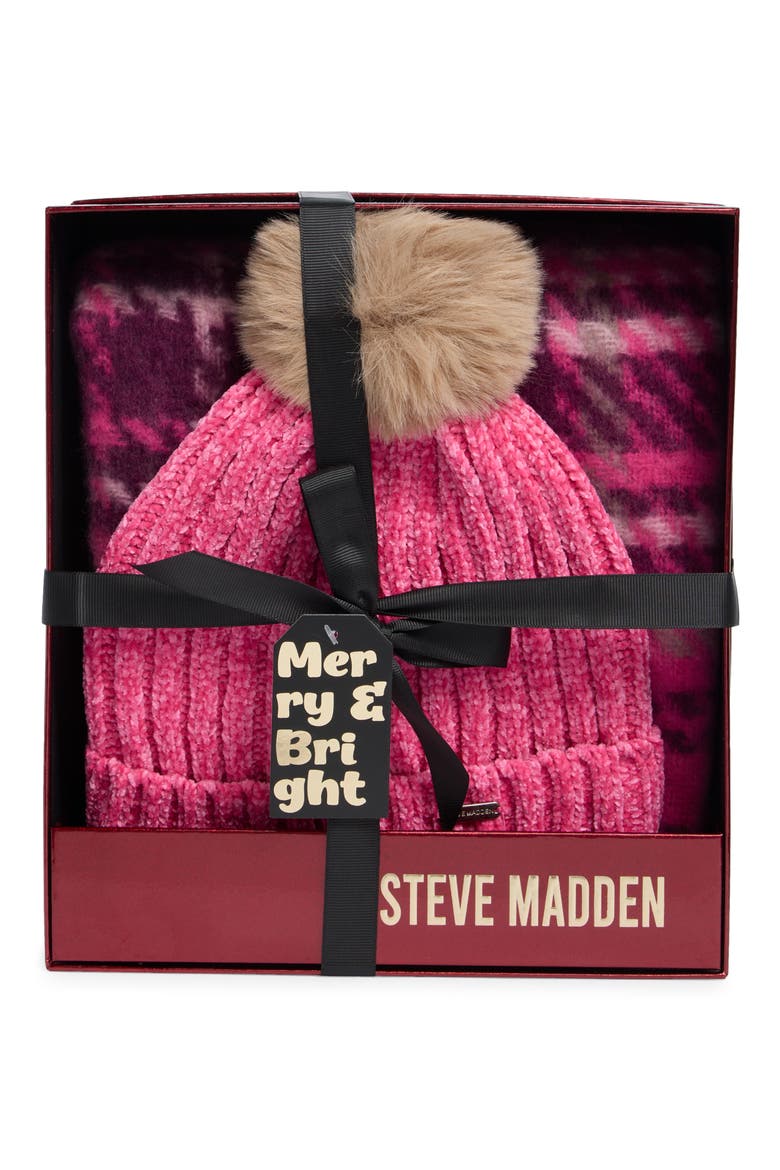 Chenille Ribbed Faux Fur Pompom Beanie & Scarf Set, Main, color, PINK MULTI