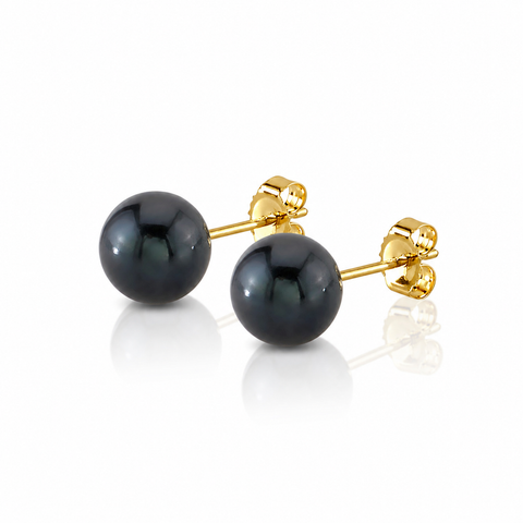8mm Black Freshwater Round Pearl Stud Earrings