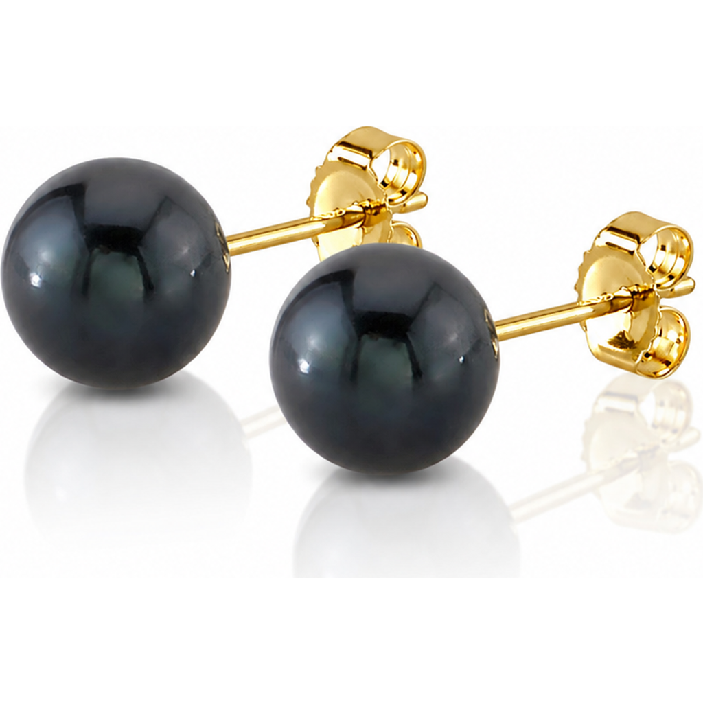 The Pearl Source 8mm Black Freshwater Round Pearl Stud Earrings In Yellow Gold