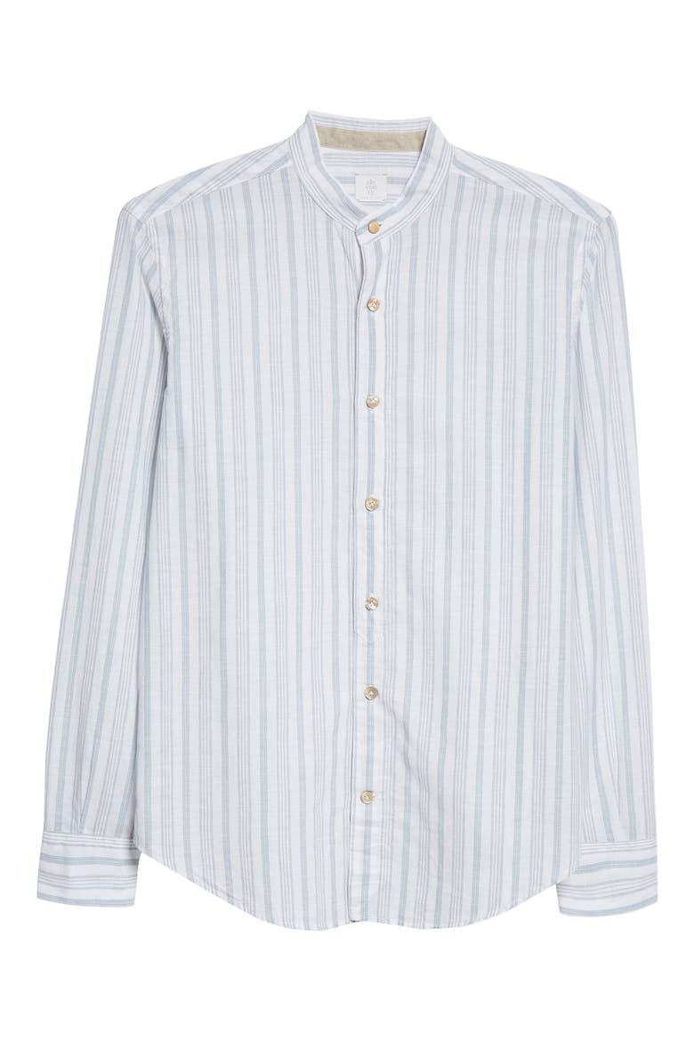 Stripe Mandarin Collar Cotton & Linen Shirt, Alternate, color, BLUE