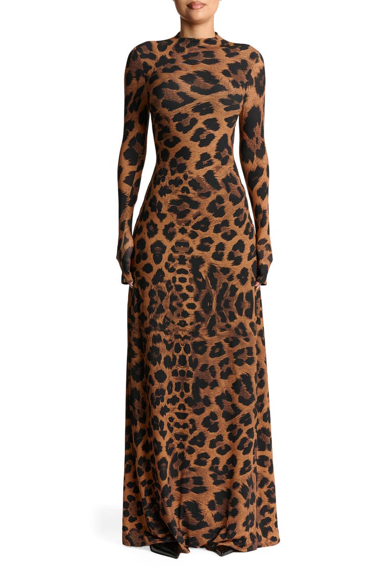 animal print dress long sleeve One Sleeve Off The Shoulder Cowl Back Maxi Dress In Cheetah Print Mesh |  EGO US