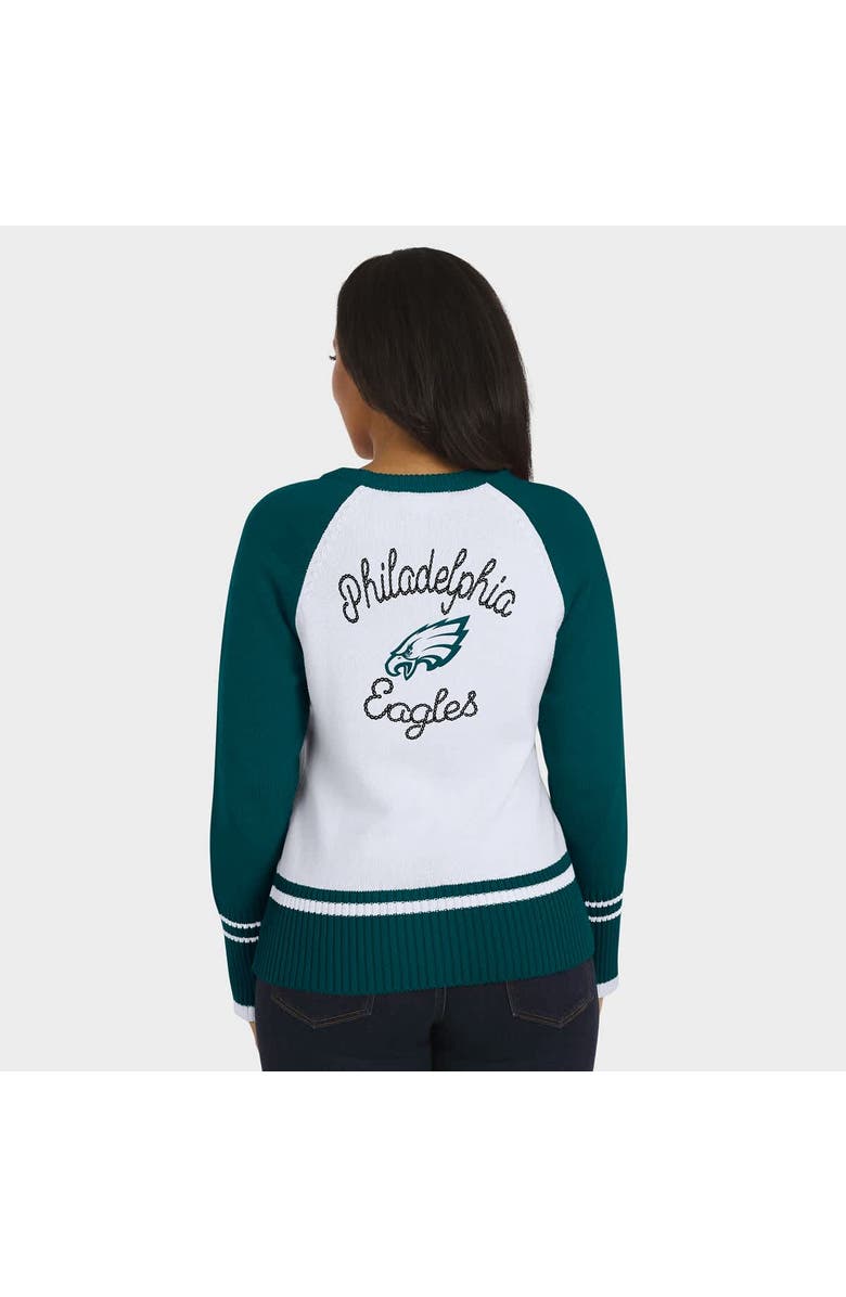 WEAR by Erin Andrews Women
s WEAR by Erin Andrews White/Midnight Green Philadelphia Eagles Colorblock Raglan Sweater, Alternate, color, White